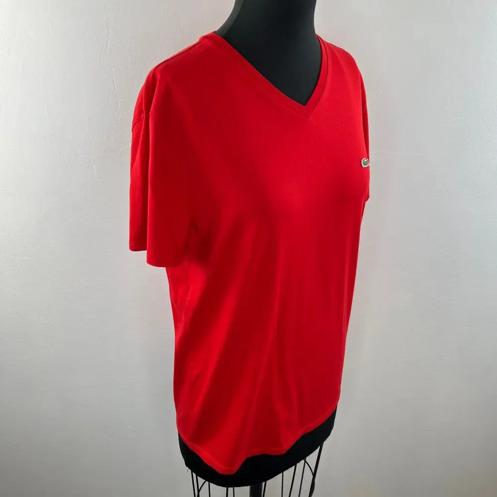 LACOSTE Red Pima Cotton V-Neckline Short Sleeve Embroidered Logo T-Shirt Size M